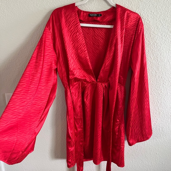 Satin Wrap Front Wide Sleeve Mini Dress - Picture 2 of 5